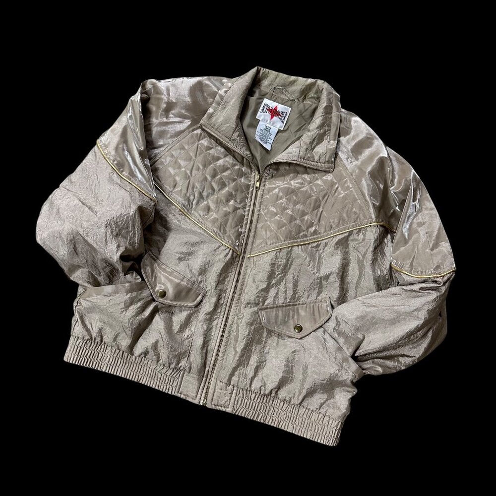 Vintage Windbreaker Jacket 1990s Womens Quilted Shoulders Large Petite Tan Gold